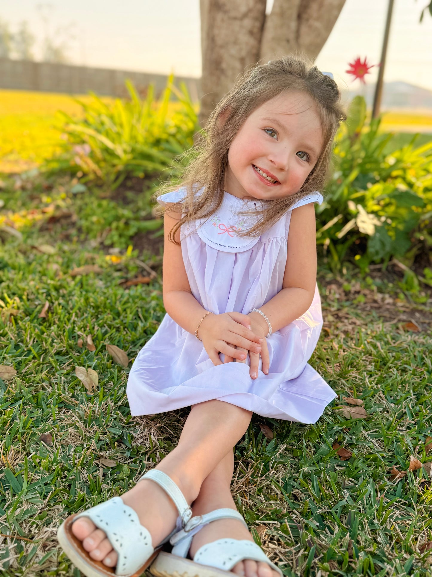 Lavender Petal Collar Embroidered Bow Dress