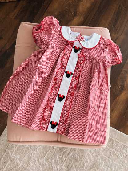 Red Gingham Minnie Embroidered Dress
