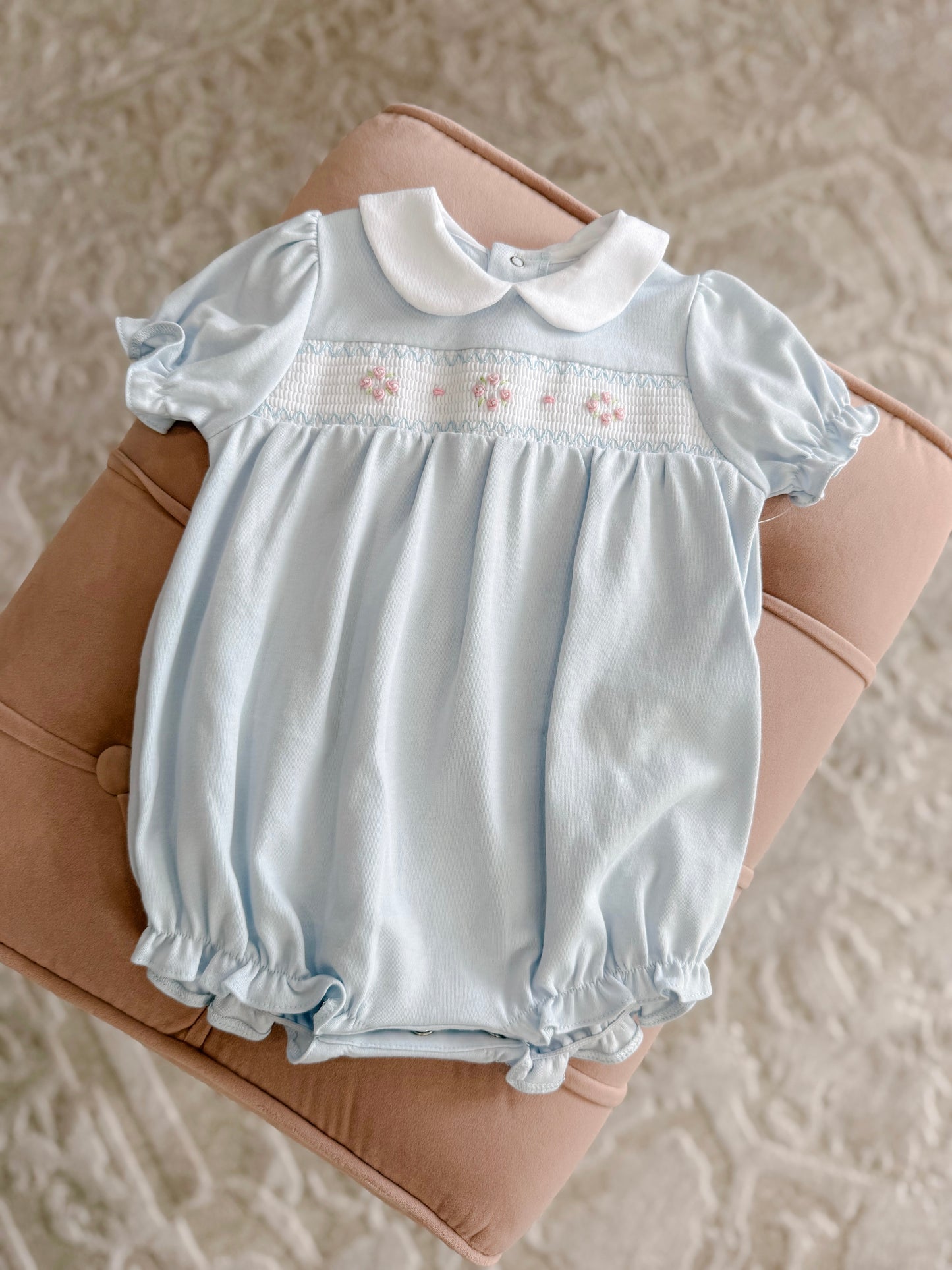 Blue Smocked Collared Bubble with Ruffle Sleeve