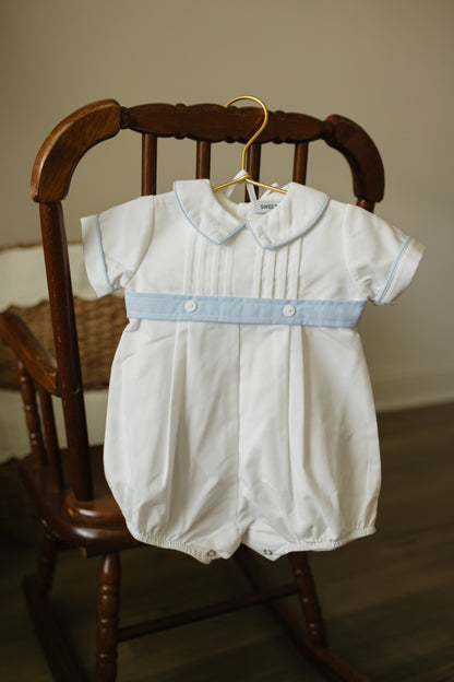 White Pleated Bubble with Blue Belt