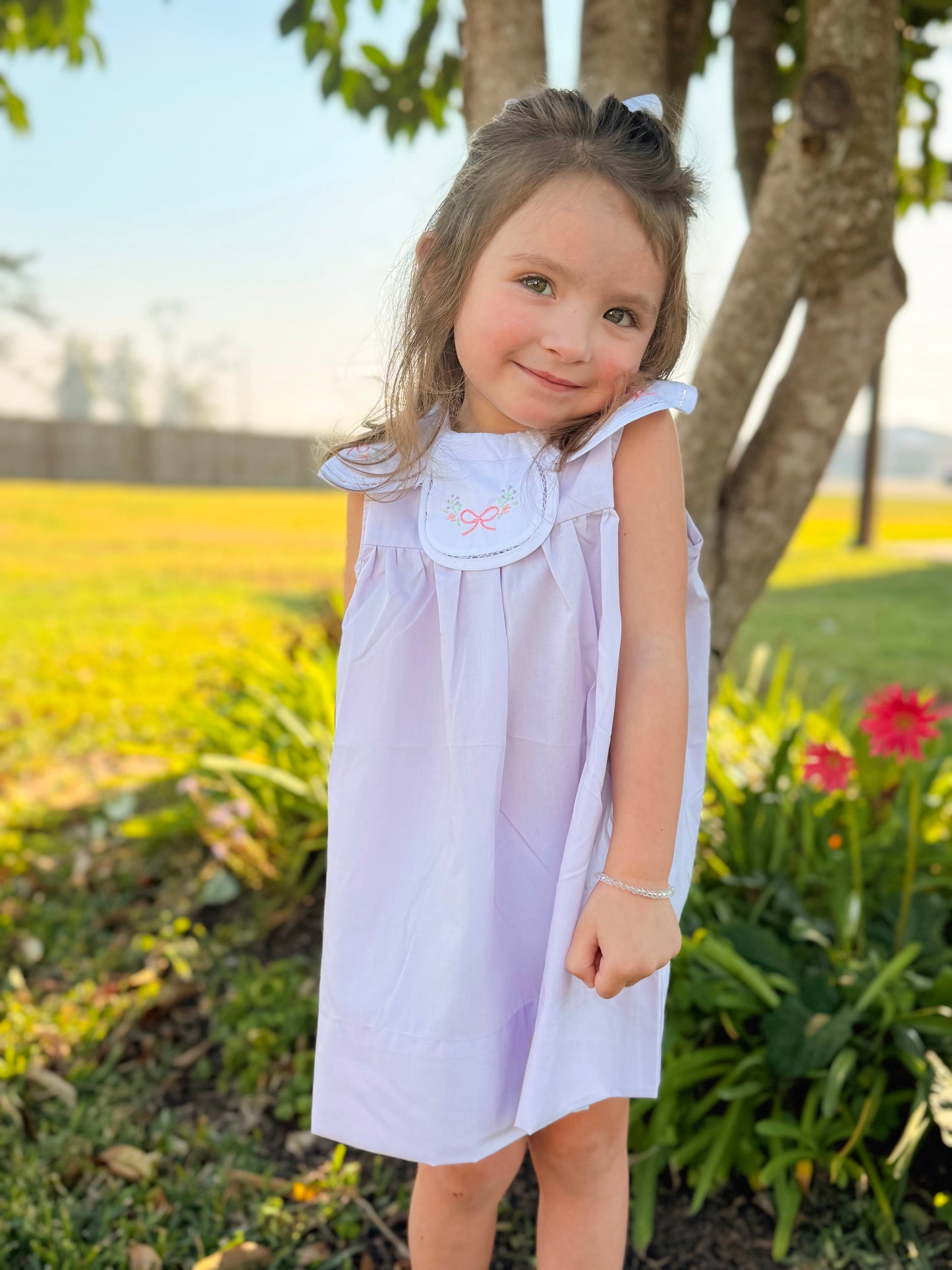 Lavender Petal Collar Embroidered Bow Dress