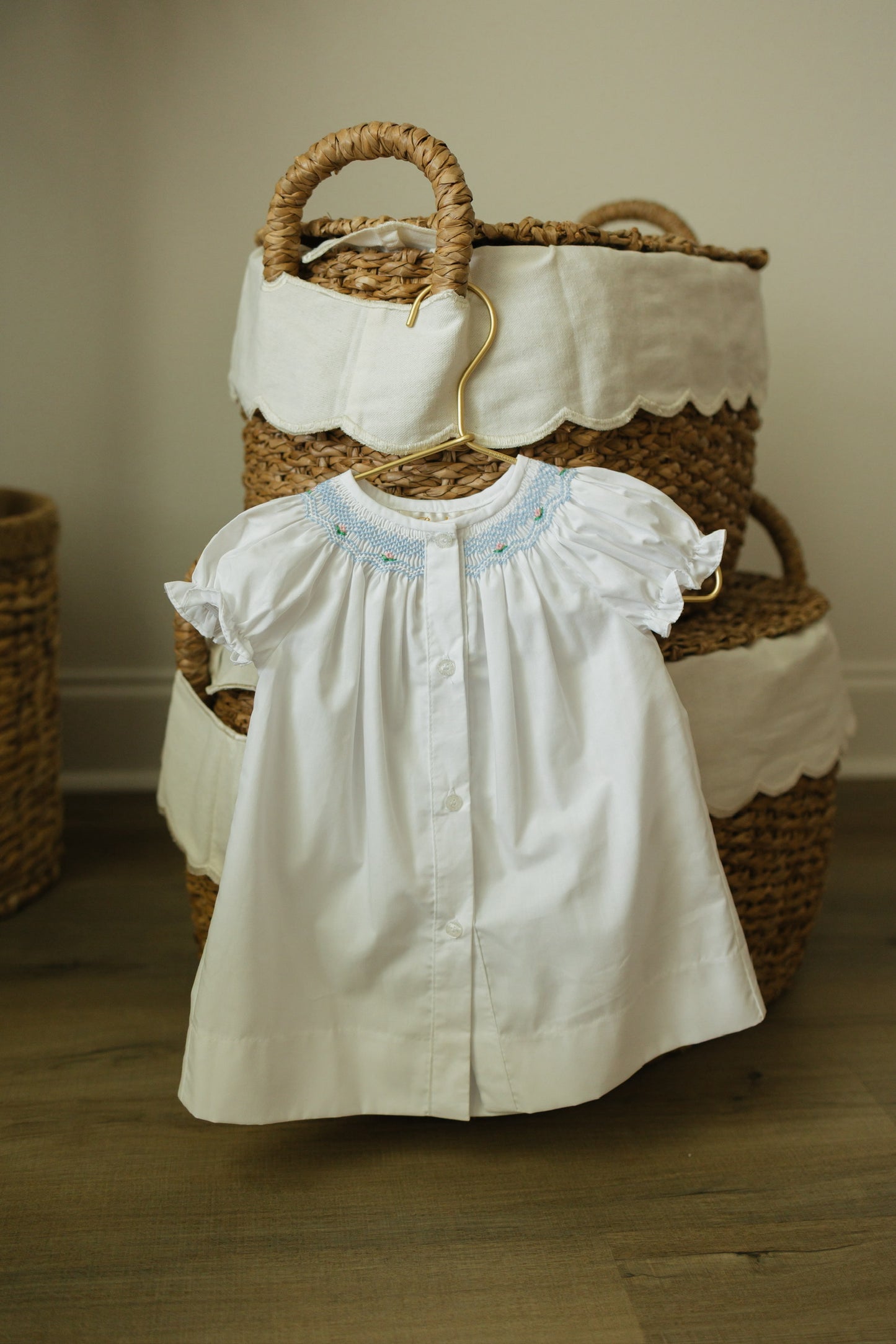 White Button Up Bishop Daygown with Blue Smocking