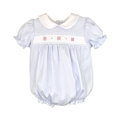 Blue Smocked Collared Bubble with Ruffle Sleeve