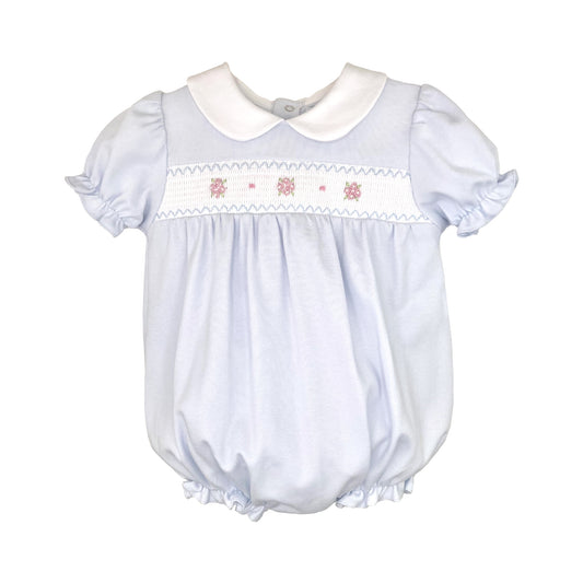 Blue Smocked Collared Bubble with Ruffle Sleeve