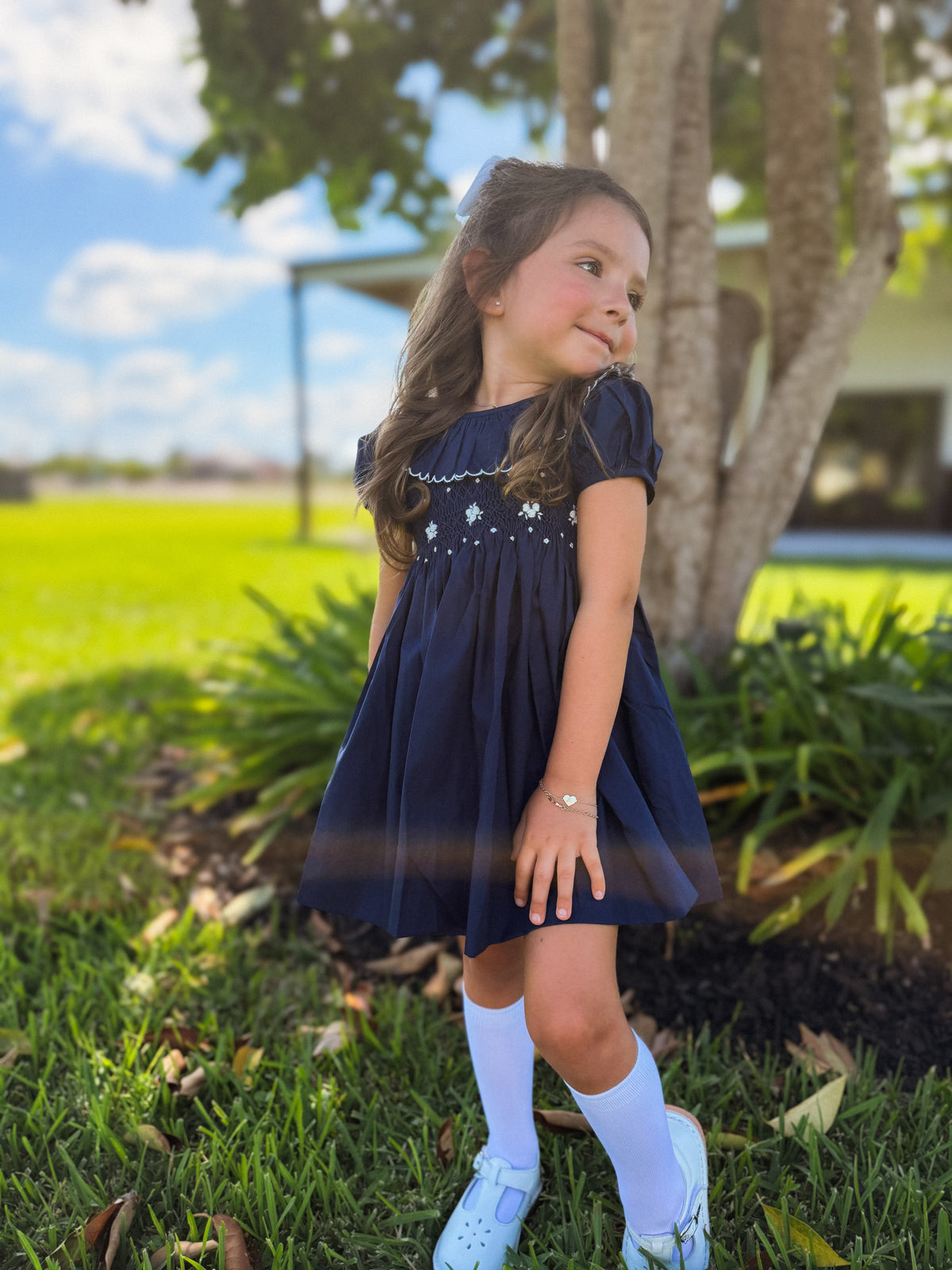 Navy Smocked Scallop Collar Dress