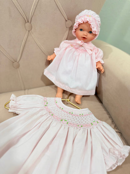Abby Blue Eye 10” Babydoll with Pink Bullion Rose Smocked Dress, Bloomers & Bonnet