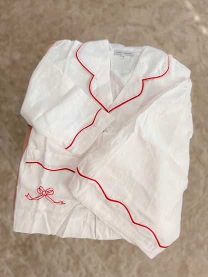 Red Bows Embroidered Long Sleeve Pajama Short Set