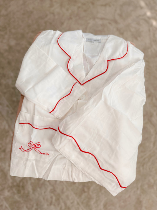 Red Bows Embroidered Long Sleeve Pajama Short Set