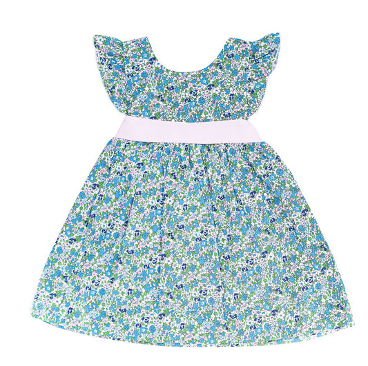 Blue & Pink Floral Dress with Bow