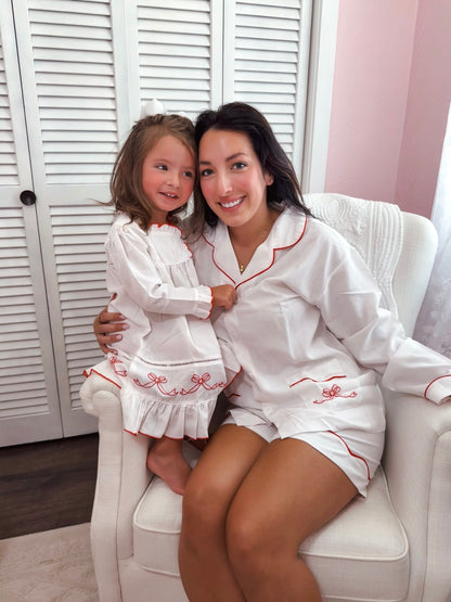 Red Bows Embroidered Ruffle Sleeve Nightgown
