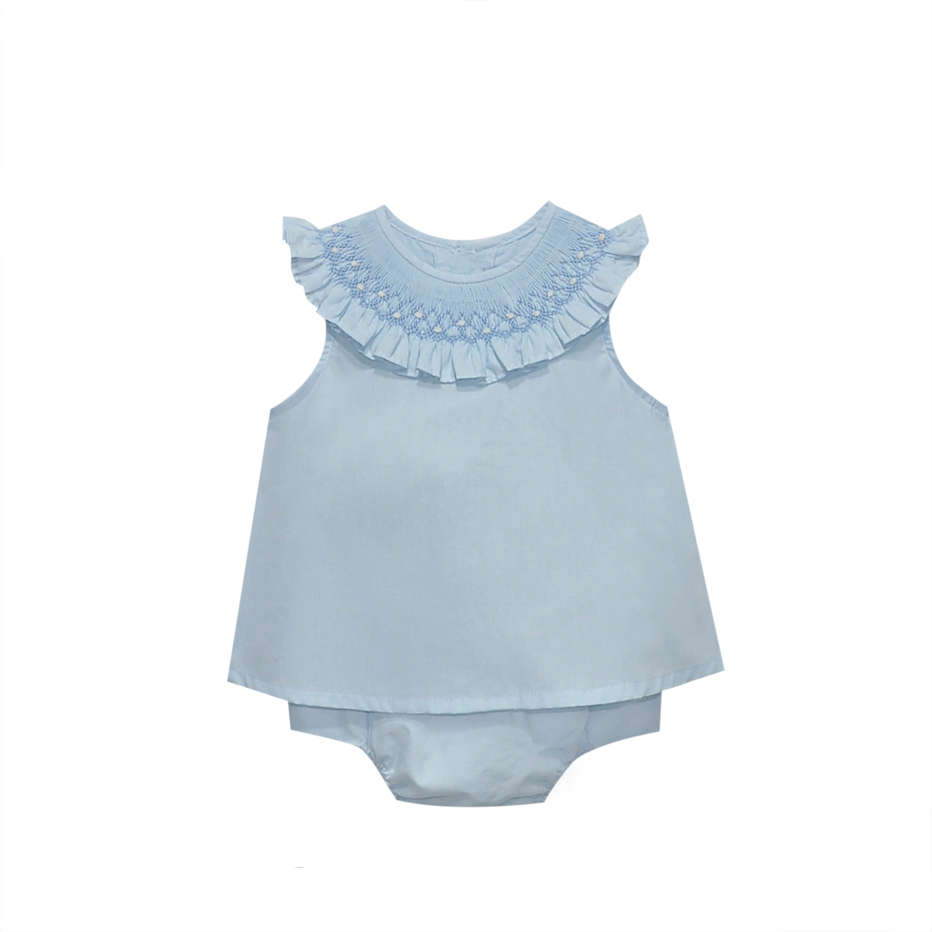 Blue Ruffle Smocked Collar Bloomer Set