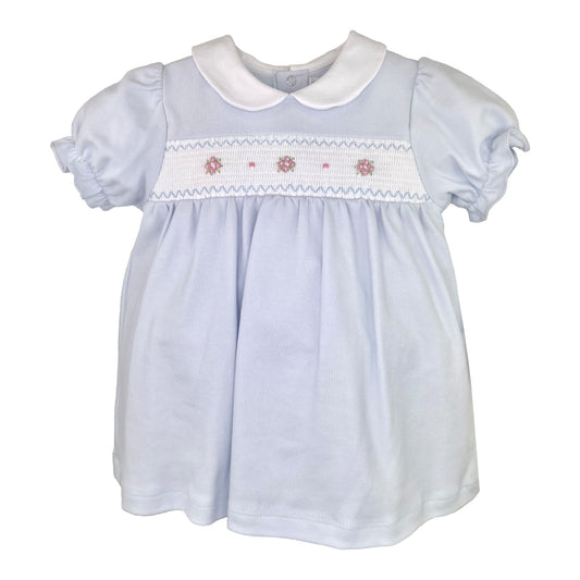 Blue Smocked Collared Dress with Ruffle Sleeve