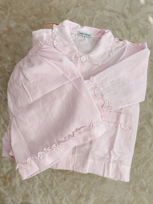 Pink Ruffle Long Sleeve Pajama Short Set