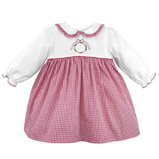 Red Gingham Dress with Ruffle & Embroidery Wreath