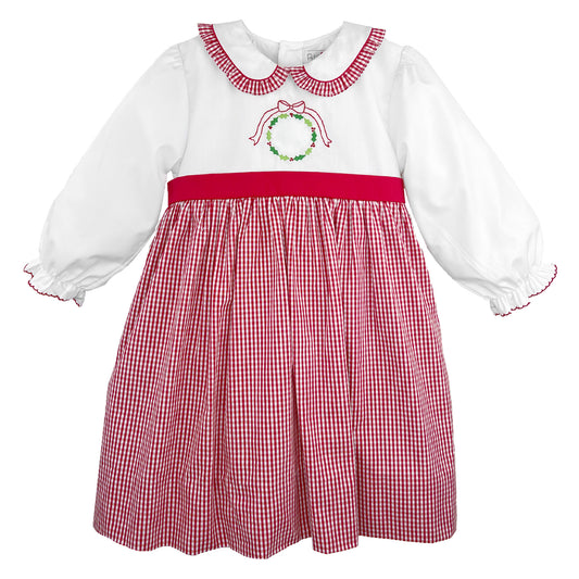 Red Gingham Dress with Ruffle & Embroidery Wreath