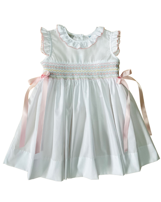 Classic White Bishop Dress with Colorful Smocking & Ribbons