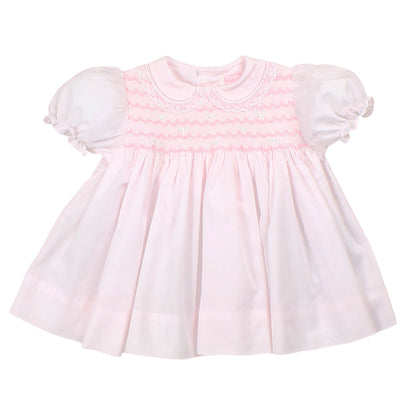 Fully Smocked Pink Lace Trim Dress with Bloomers & Bonnet